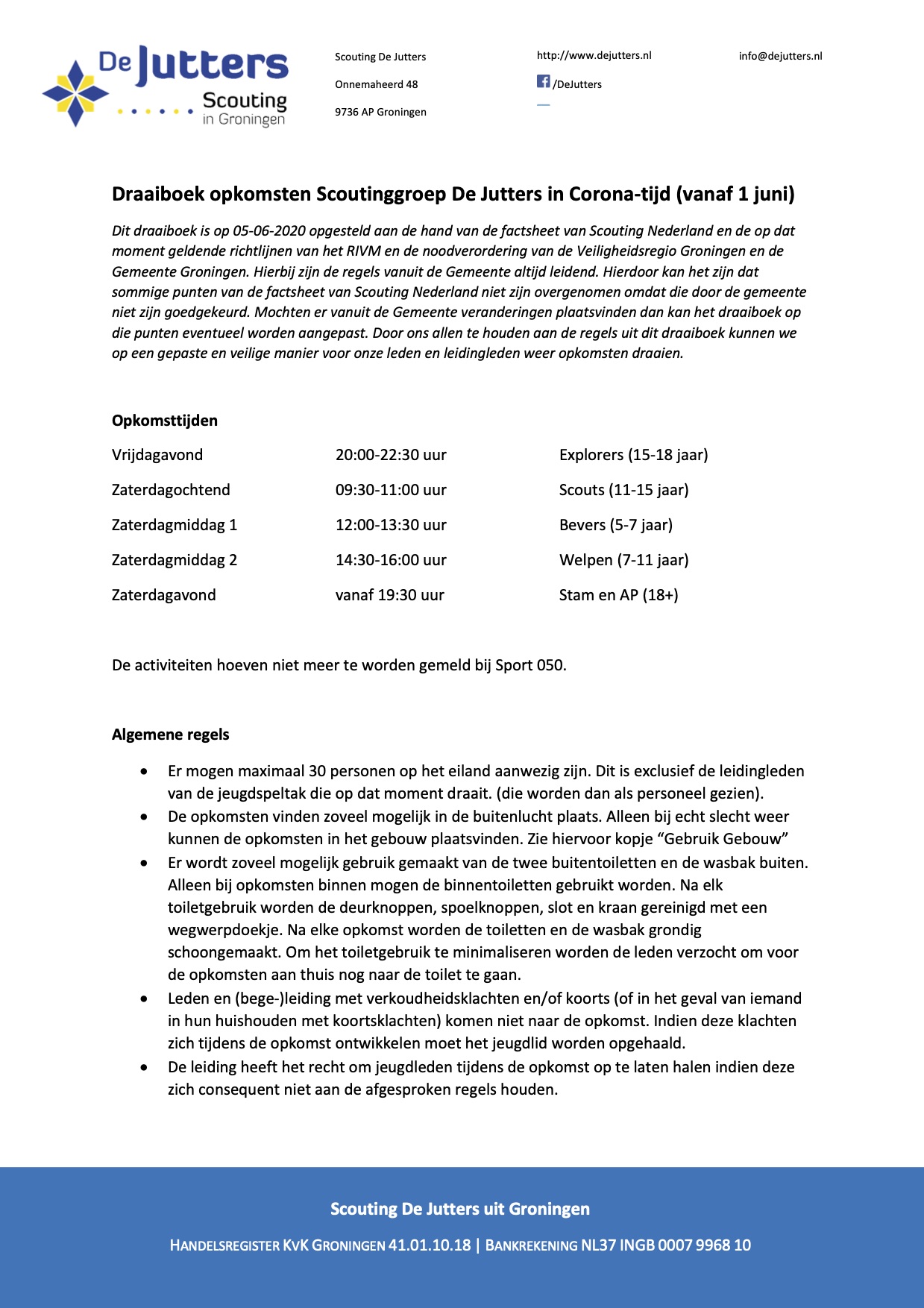 Corona maatregelen Scouting de Jutters 5 juni 2020